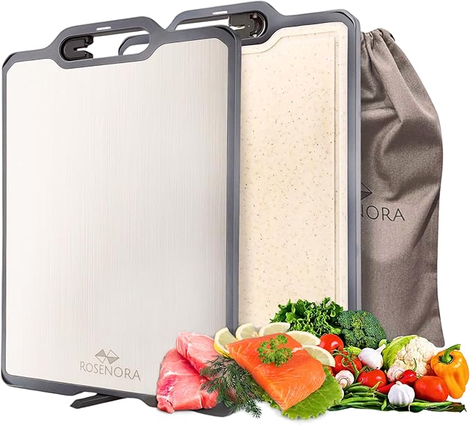 Double-Sided Titanium Cutting Board with Stand, Knife Sharpener, Grater & Storage Bag | Non-Toxic Titanium + Wheatstraw PP Chopping Board | Healthy Kitchen Accessory for Meat, Vegetables & Fruit