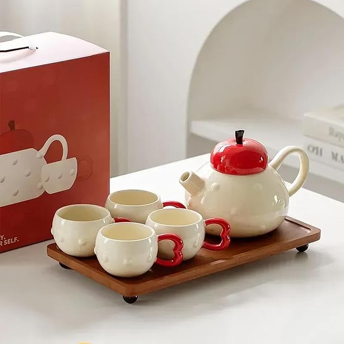 Apple-themed Modern Tea Set, 1 Teapot (28.7oz), 4 Teacups and 1 Tea Tray, Porcelain Tea Set for Adults, Cute Tea Set for Women Tea Party, Gift Package