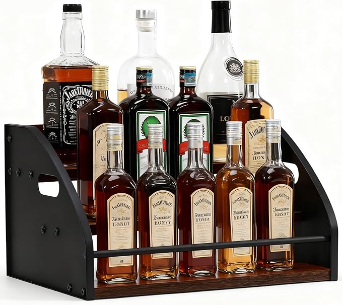 Liquor Bottle Display Shelf, 3 Tier Countertop Wine Rack, Coffee Syrup Rack Organizer Mini Bar Home, Whiskey Organizer with Handles, Retro Bar Shelf Stand for Liquor Spirits