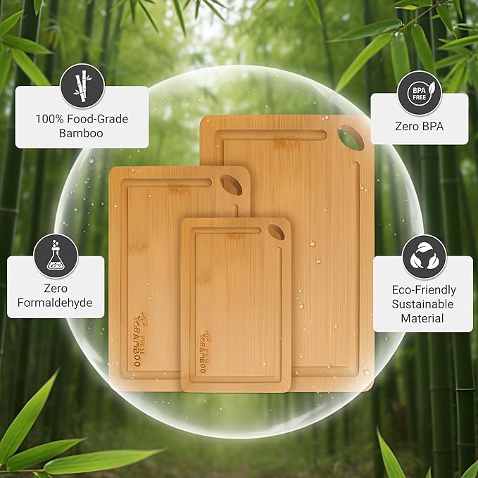 3-Layer Engineered Bamboo Cutting Board Set – Natural Bamboo Chopping Boards with Juice Grooves, Knife-Safe Surface, Anti-Slip Corners, 3-Piece Kitchen Board Set for Meat, Veggies, Cheese