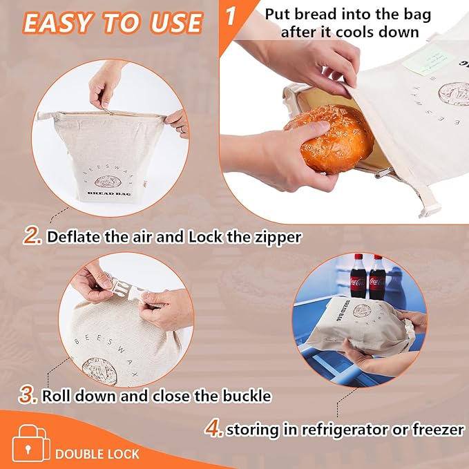 ORORIN Beeswax Bread Bags for Sourdough,Reusable Linen Waxed Sourdough Bread Bags for Homemade Bread,Bread Storage Container to Keep Fresh,Zipper Freezer Bags,Sourdough Accessories (2-Pack)