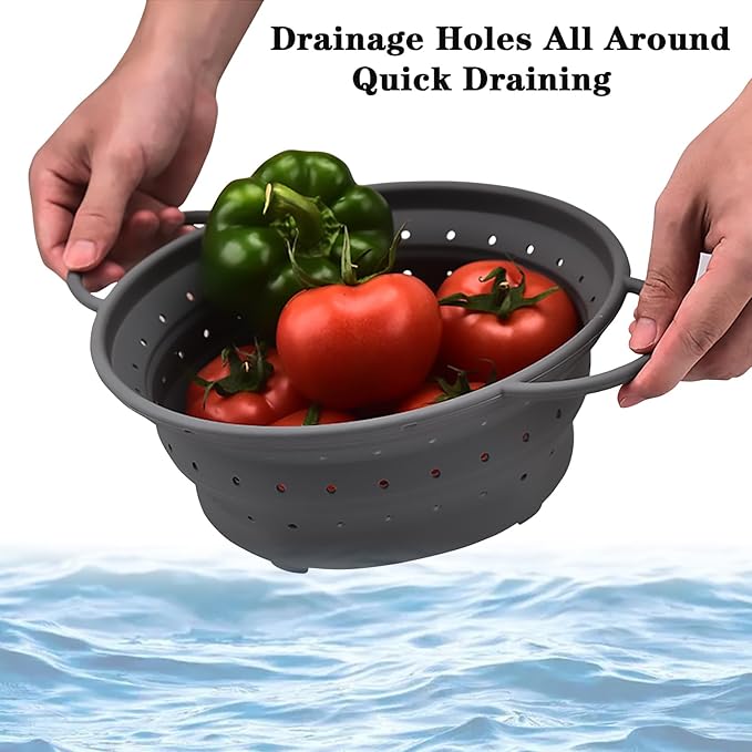 Collapsible Colander with Handle, Silicone Kitchen Colander for Easy Storage,Four-side Fast Draining Silicone Draining Basket, Perfect for Fruits Vegetables (Gray L)