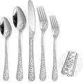 Floral Silverware Set 6 Silvery Flatware Stainless Steel with Delicate Engraved Rose Flower Embossed Design Complete 30 Piece Cutlery for Restaurant Utensils Home Kitchen Daily Use