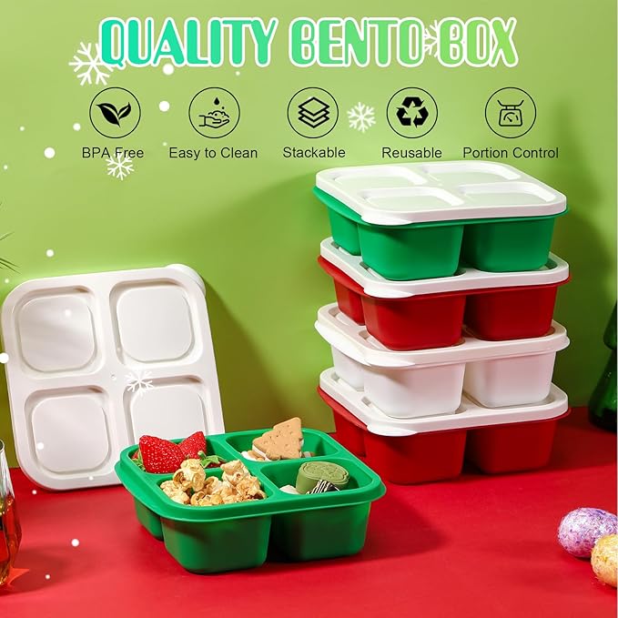 Honeydak 5 Pack Snack Containers 4 Compartment Bento Snack Boxes Reusable Lunchable Containers with Lids Divided Meal Prep Lunch Food Storage Box for School Work Travel(Christmas,Equal)