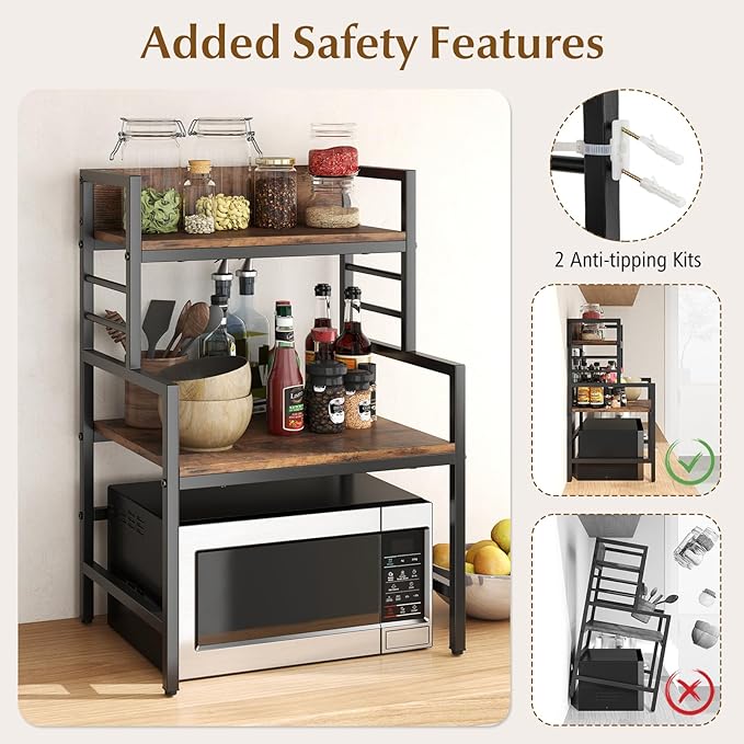 Giantex 3-Tier Microwave Stand, Space-Saving Microwave Oven Rack with 2 Open Shelves & Heavy-Duty Metal Frame, Industrial Countertop Organizer, Microwave Stand Countertop for Kitchen Coffee Bar