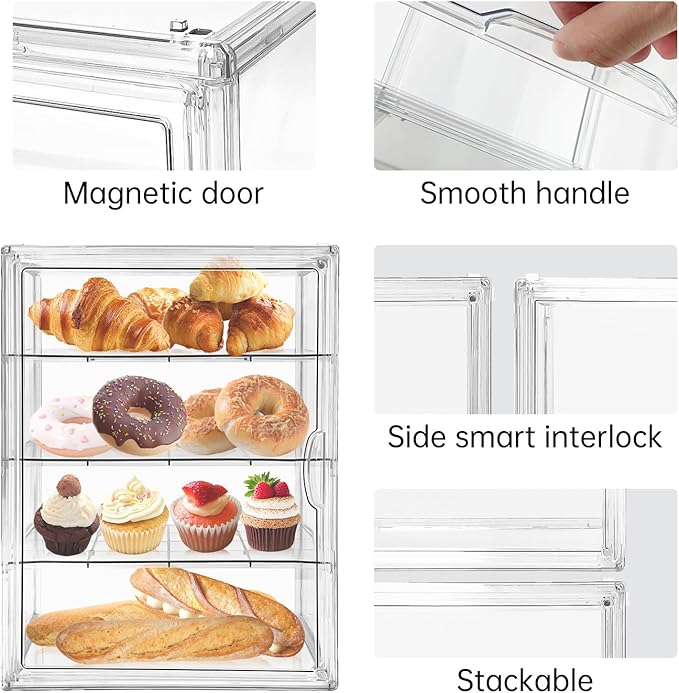 Extra Large 4 Tiers Clear Bread Box for Kitchen Counter, Acrylic Bread Keeper Stackable Storage Container Plastic Bread Bin Holder with Magnetic Door for Pantry Countertop