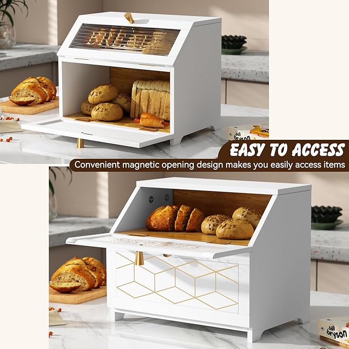 Double Layer Bread Box With Golden Trim for Countertop, Wooden Bread Container for Kitchen Counter, Corner Bread Storage (White)