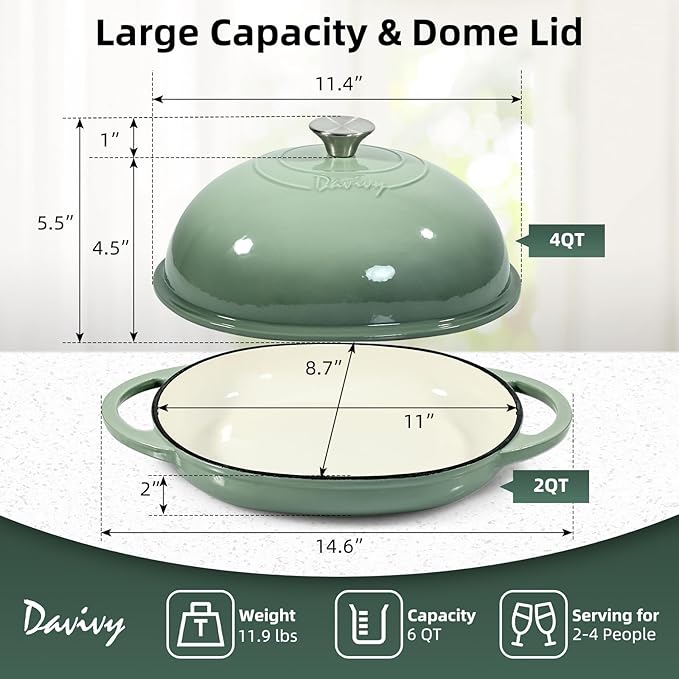 Davivy 6QT Oval Sourdough Dutch Oven with Silicone Baking Mat, Cast Iron Bread Oven for Sourdough 6QT,Bread Cloche Dutch Oven Baking Pan with Domed Lid - Sea Salt Green