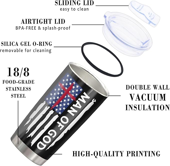 Christian Gifts for Men, Religious Gifts for Men, Catholic Inspirational Spiritual Gift Coffee Tumbler Cup Mug Stainless Steel 20oz 1PC, Man of God
