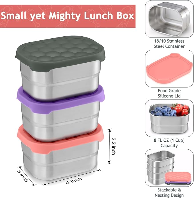 Homikit 3 Pack Snack Containers for Kids, 18/10 Stainless Steel Toddler Lunch Box with Silicone Lids, Reusable Bento Food Container Set for School Daycare, Nontoxic & Leak Proof, Pink/Purple/Gray