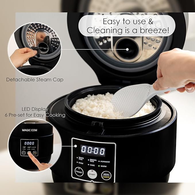 MAGiC COM Mini Rice Cooker 4 Cup Uncooked (8 Cup Cooked), Small Digital Multi-Cooker with Steamer, 24H Delay Timer, Automatic Keep Warm, Non-Stick Pot, Perfect for Dorm, Travel, Single Serve (Black)
