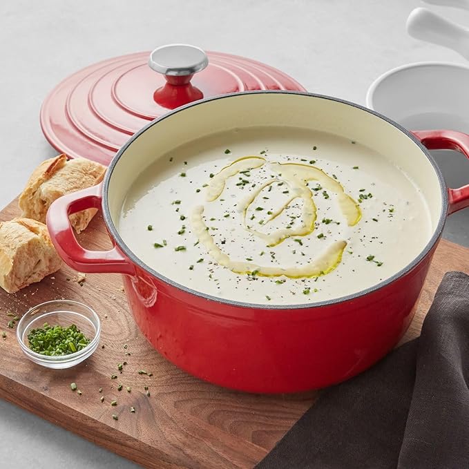 Sur La Table 4-Qt Enameled Cast Iron Dutch Oven – Oven & Broiler to 500°F, Induction Compatible, with Lid for Braising, Baking & Deep Frying, Nonstick Interior, Red