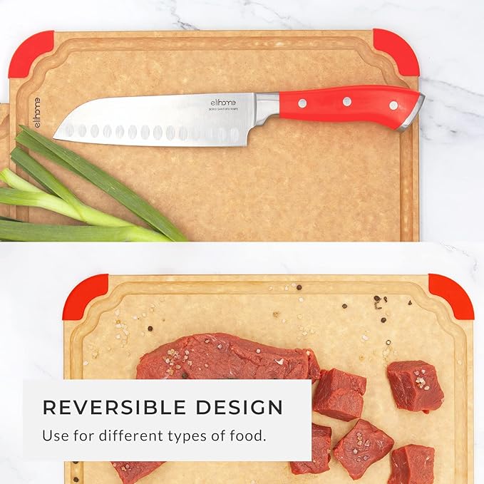Elihome Premium Series 3-in-1 Kitchen Cutting Board Set, Non Slip Feet, Color Coded with Food Icon, Natural Wood Fiber, Dishwasher Safe, Eco-Friendly, Juice Grooves,Non Porous, BPA Free, Made in USA