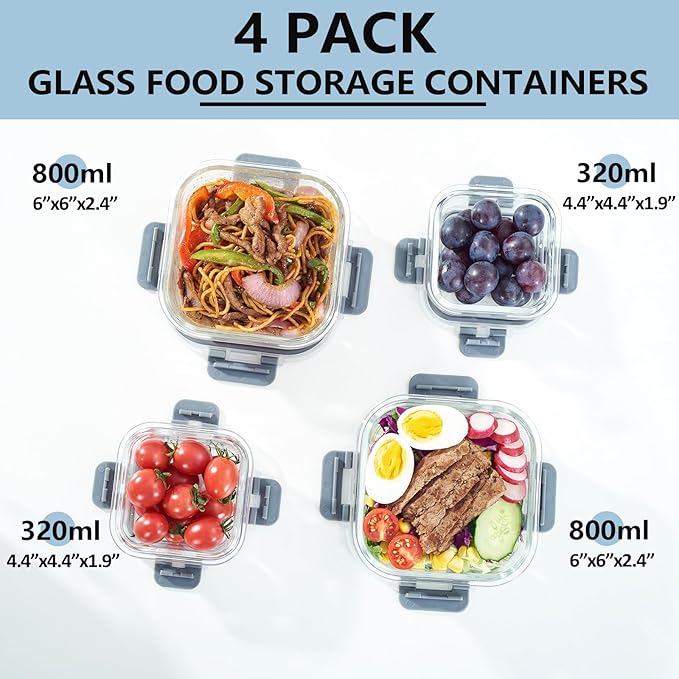 Glass Food Storage Containers with Lids, 4 Pack, Airtight, Leak Proof, BPA Free, Oven/Dishwasher Safe, Grey
