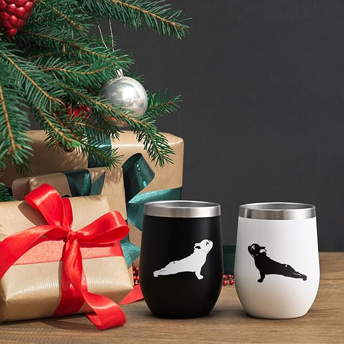 Lifecapido Dog Lover Gifts, French Bulldog Silhouette Insulated Wine Tumbler Set of 2, French Bulldog Gifts for Women Men, Christmas Birthday Gifts for Dog Mom Dad Dog Lovers (12oz, Black&White)