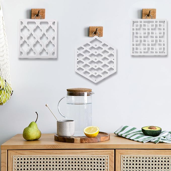 JOGREFUL Cast Iron Trivet Mats, Kitchen Pot Holders to Portect Table/Countertops, Heat Resistant Mats for Teapot/Hot Dishers/Plates, Vintage Mats with Weighted-Base, Grid White