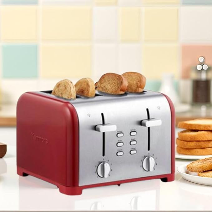 Kenmore toaster 4 slice - extra wide slot countertop kitchen appliance, defrost function, tostador de pan, 9 shade settings, compact design, easy clean crumb tray, bread bagel, stainless steel & Red
