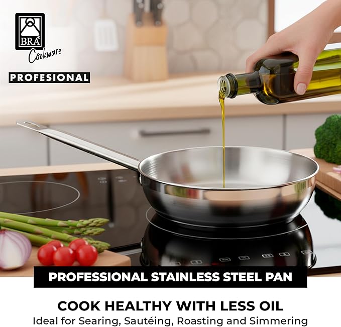 BRA COOKWARE Profesional 2 Frying Pan Set | 8 + 10.2 inches Professional Skillet | Stainless Steel Pan w/o Non-Stick | All Stovetop Compatible Skillet | 100% FOA Free | Brushed Finish