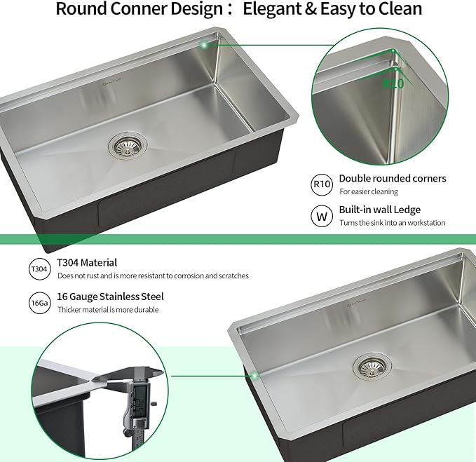 Undermount Kitchen Sink, 33 x 19 x 10 Inch Sink Kitchen 16 Gauge Stainless Steel Kitchen Sinks Single Bowl Workstation Sink with Cutting Board
