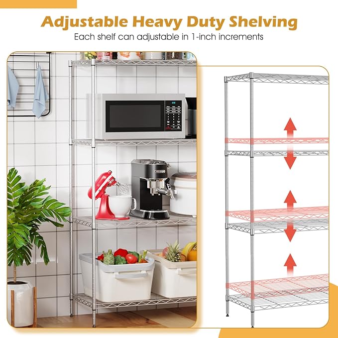 4-Shelf Storage Shelves Metal Shelving Unit NSF Garage Storage Rack Adjustable Wire Shelves Organizer for Kitchen Closet Basement, 800 LBS Capacity, 35.4" L x 13.3" W x 53.7" H, Chrome