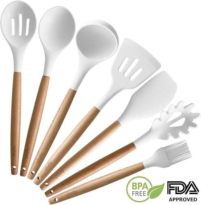 Silicone Cooking Utensils | Wooden Handle, Non-Stick Cookware Heat Resistant Kitchen Utensil Spatula, Slotted & Solid Spoon, Soup Ladle, Slotted Turner and Spaghetti Server - White