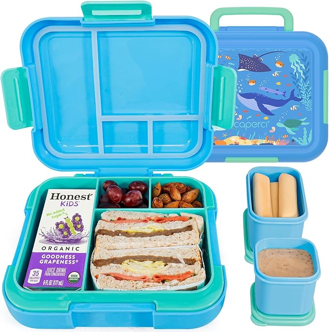Caperci Bento Box for Kids - Leak-Proof Lunch Box Snack Container with 2 Modular Containers & 4 Compartments, Hold 4.8 Cups, Portable Handle, BPA-Free, Microwave/Dishwasher Safe (Sea Life)
