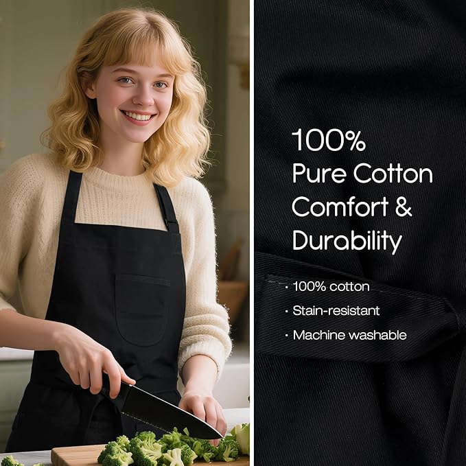 Unisex Apron with Pockets for Cooking, Salon & Art - 100% Cotton Adult Kitchen, Chef, Stylist Apron (Black)