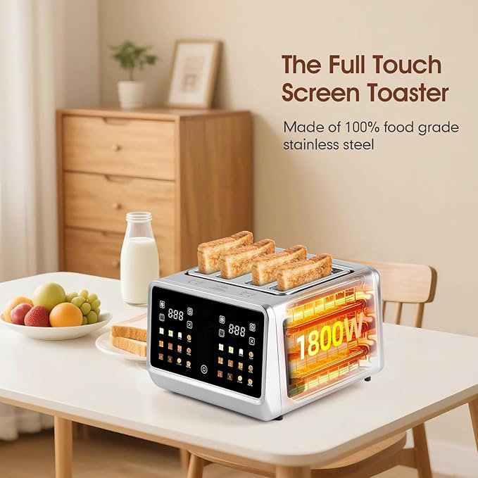 4 Slice Touch Screen Toaster with LCD Display Stainless Steel Digital Toasters 6 Bread Types& 6 Shade Settings Smart Extra Wide Slots Toaster With Bagel Cancel Defrost Reheat Functions