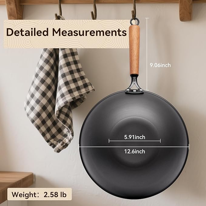 12.6" Iron Wok, Spin-Forged Refined Iron Stir Fry Pan with Wooden Handle, Flat Bottom Wok Pan with Reinforced Rim, Lightweight Woks & Stir-Fry Pans for Everyday Cooking