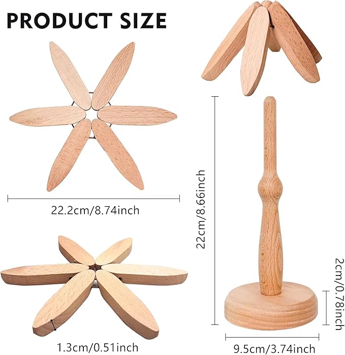 Wooden Trivets for Hot Dishes, Tree Shape Trivet Set, Tree Coasters Mats, Foldable Heat Resistant Pads, 4 Wooden Trivets+1 Stand, Pot, Bowl, Teapot, Countertop (Beech)