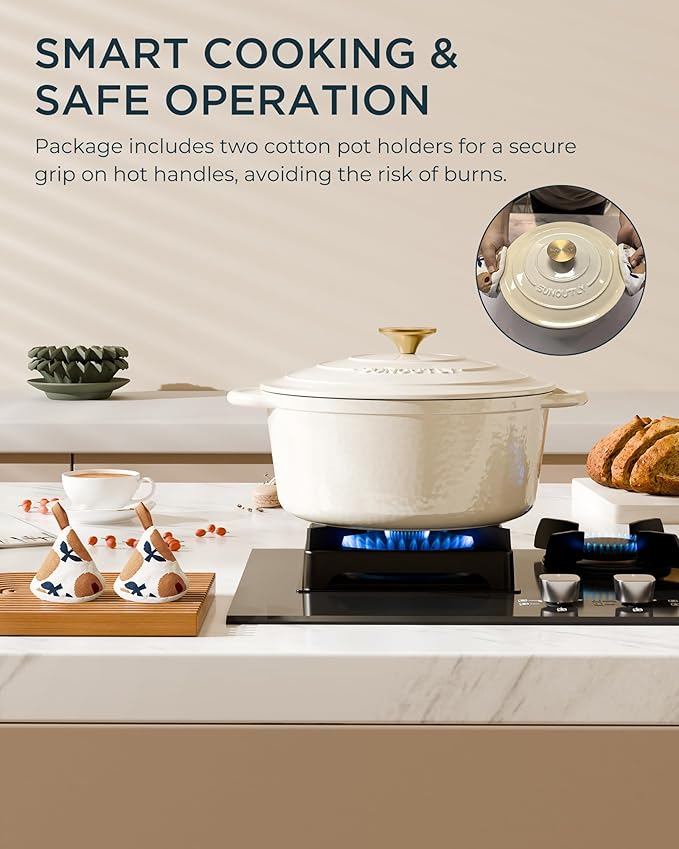 Enameled Cast Iron Dutch Oven - 4.5QT Pot with Lid & Cotton Potholders - Heavy-Duty Cookware for Braising, Stews, Roasting, Bread Baking, Oven Safe up to 500° F & Across All Cooktops, Cream White