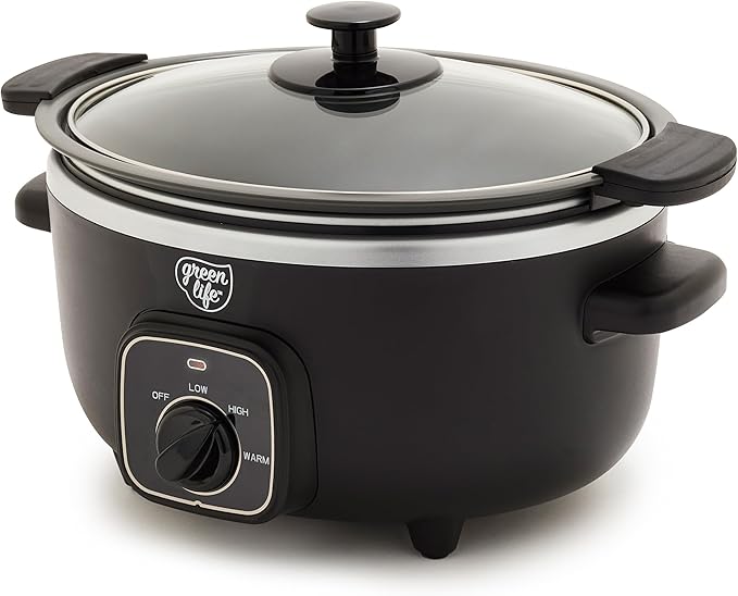 GreenLife 3.5QT Slow Cooker, PFAS-Free Non-Toxic Ceramic Nonstick Removable Interior Bowl, Programmable, Keep Warm, Stovetop & Oven Safe Pot, Dishwasher Safe Crock & Glass Lid, Black