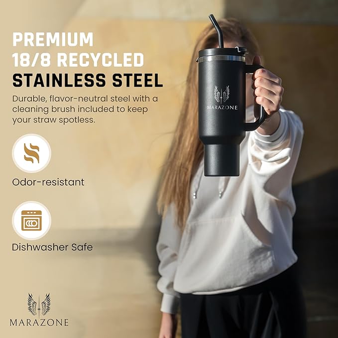 40 oz Insulated Tumbler with Handle and Straw – Stainless Steel Double Wall Vacuum Cup Fits Car Cup Holder, Hot Cold Travel Mug, BPA Free Reusable Water Bottle for Men Women - Midnight Black