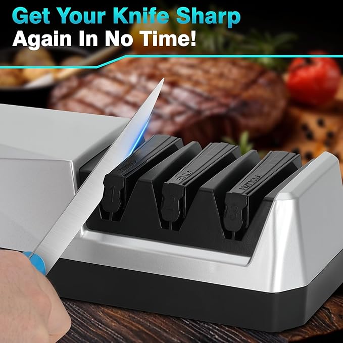 Kitchen Knife Sharpener Electric 3-Stage Knife Sharpener for Straight Serrated & Kitchen Knives Quick Sharpening & Polishing
