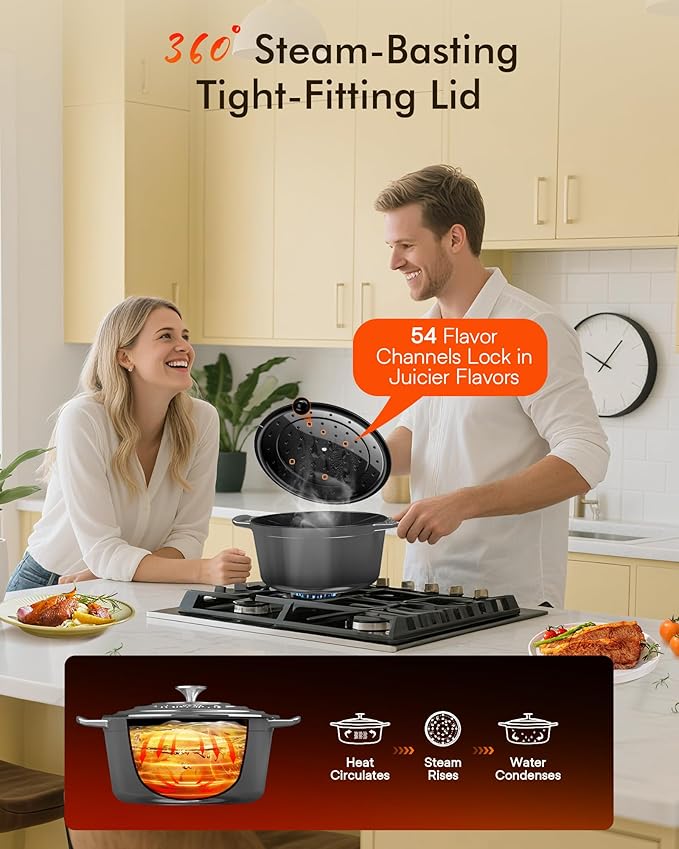 Nuwave 6QT Healthy Enameled Cast Iron Dutch Oven Pot with Lid, Heavy Duty 7-Layer Enamel, Enhanced Rust Protection, Dual Handles, Oven Safe to 500°F for Sourdough Bread Baking, Braise, Stew, Roast