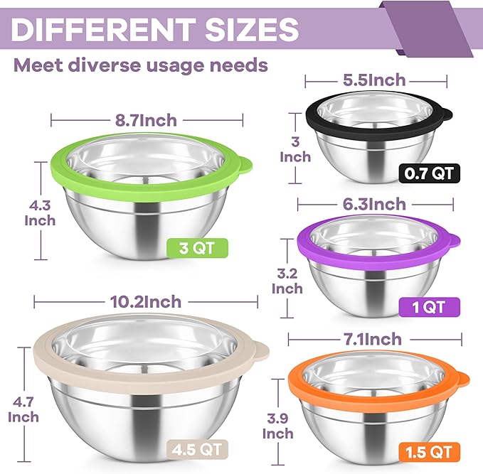TeamFar Mixing Bowl Set, 4.5/3/1.5/1/0.7 QT Stainless Steel Nesting Salad Bowls with Visible Lids, For Serving/Mixing/Storing, Non-Toxic & Heavy Duty, Airtight & Easy Clean, Multi-Color, Set of 5