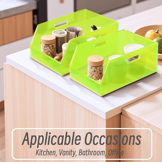 Gelite Stackable Large Storage Bin Organizer with Handles Acrylic Storage Container for Toy Pantry Kitchen Cabinet Bathroom Closet Office Organization, 15.4x11.4x6.7'', Neon Green