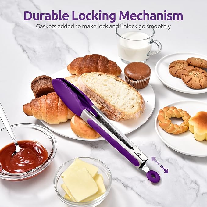 600ºF Heat Resistant Kitchen Tongs: U-Taste 9 inch Silicone Cooking Tong with Firm Sealed Non Stick Rubber Tips & Silicon Coated 18/8 Stainless Steel Handle & Smooth Locking for Serving Grill (Purple)