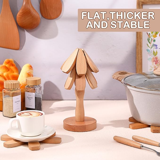 Wooden Christmas Tree Coaster Trivets Wood Trivets Set for Hot Dishes Set of 4 Christmas Tree Shape Foldable Wooden Coaster and 1 Stand Natural Trivet for Cups Plates Bowls Pots(Beech Color)