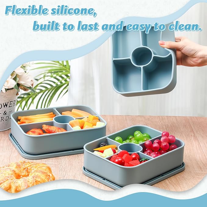 4 Pack Silicone Bento Boxes for Adults, 5 Compartment Reusable Lunch Containers with Sauce Section, Leakproof Meal Prep Snack Box Microwave & Dishwasher Safe for Work School Office(Blue)
