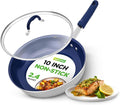 NutriChef 10" Fry Pan With Lid - Medium Skillet Nonstick Frying Pan with Silicone Handle, Ceramic Coating, Blue Silicone Handle, Stain-Resistant And Easy To Clean, Professional Home Cookware