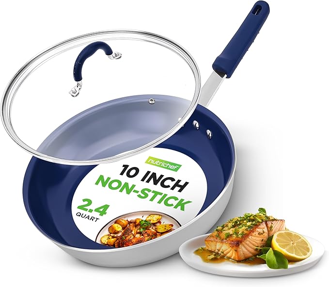 NutriChef 10" Fry Pan With Lid - Medium Skillet Nonstick Frying Pan with Silicone Handle, Ceramic Coating, Blue Silicone Handle, Stain-Resistant And Easy To Clean, Professional Home Cookware