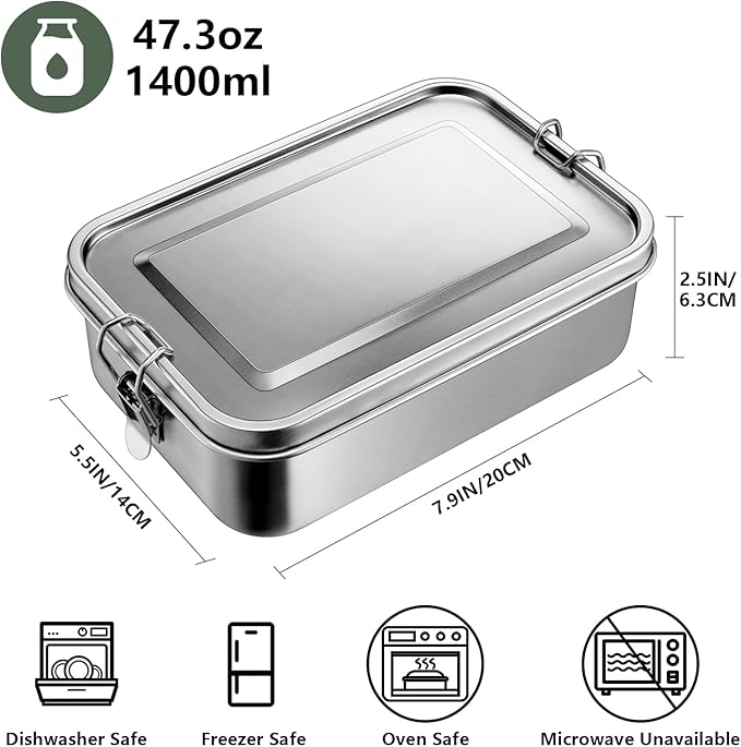 Leonyo 47oz 18/10 Stainless Steel Lunch Box, 1400ml Metal Bento Box for Adults with 2 Dividers, Leak-Proof Bento Snack Containers for Women Man, Dishwasher Safe, Oven Safe Except for Lid
