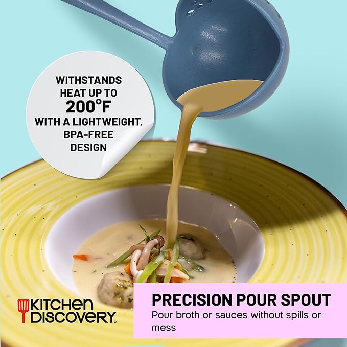 Strainer Ladle – Kitchen Discovery – 2 in 1 Soup Strainer Separates Liquids from Solids - All Plastic Soup Ladle for Easy Serving of Soup, Stew, Gravy, Party Punch