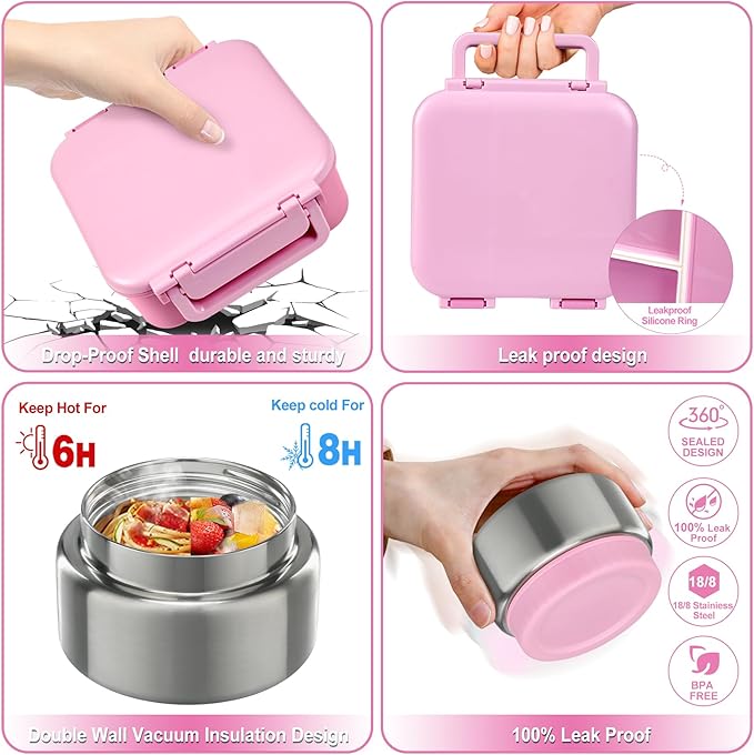 Kids Bento Lunch Box with 9oz Soup Thermo Leakproof Lunch Food Containers 4 Compartment with Insulated Hot Food Jar for Kid Toddler Girls Boys to School, Trvael