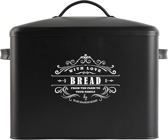 Extra Large Black Bread Box - Holds 2+ Loaves, Counter Organizer for Farmhouse, Vintage, Rustic Kitchens