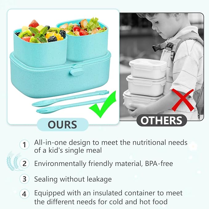 Bento Lunch Box for Kids with 8oz Soup Thermo,2 Leak-Proof Food Containers, a Lunch Bag, Kids Thermo Insulated Hot Food Jar for School, Travel-Green