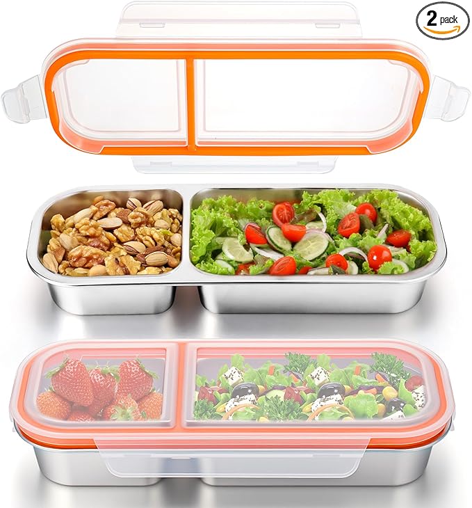 Palksky 2Pack Stainless Steel Snack Containers with Lids, 2/Tow/Double Compartment Reusable Snackle Box Container, Metal Food Storage Containers for School, Home, Travel