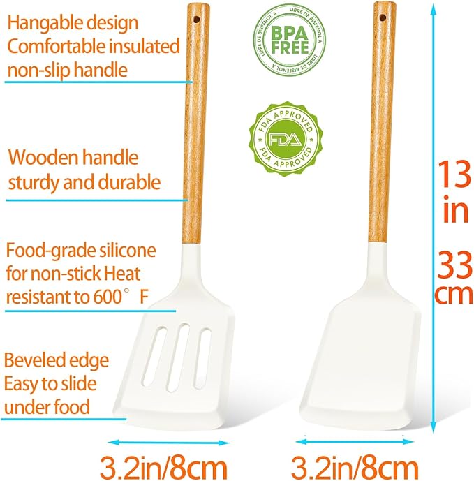 2Pcs Silicone Spatula Set Turner Heat Resistant for Nonstick Cookware Rubber Wok Turner with Wood Handle, Plastic Spatula Silicone for Cooking Use Kitchen Utensils Set White