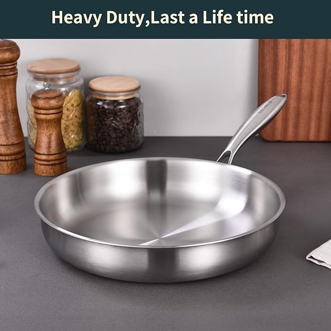 DELARLO Tri-Ply Stainless Steel Frying Pan with Lid, Compatible with All Cooktops Up to 600℉, Heavy Duty, 8 inch Fry Pan with Lid, Fast & Even Heat, 8 inch Skillet, 18/10 Stainless Steel Pan